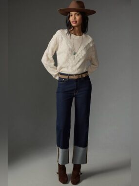 Pilcro Scotty Cuffed High Rise Straight Jeans 32 Dark Indigo Denim Preppy Chic